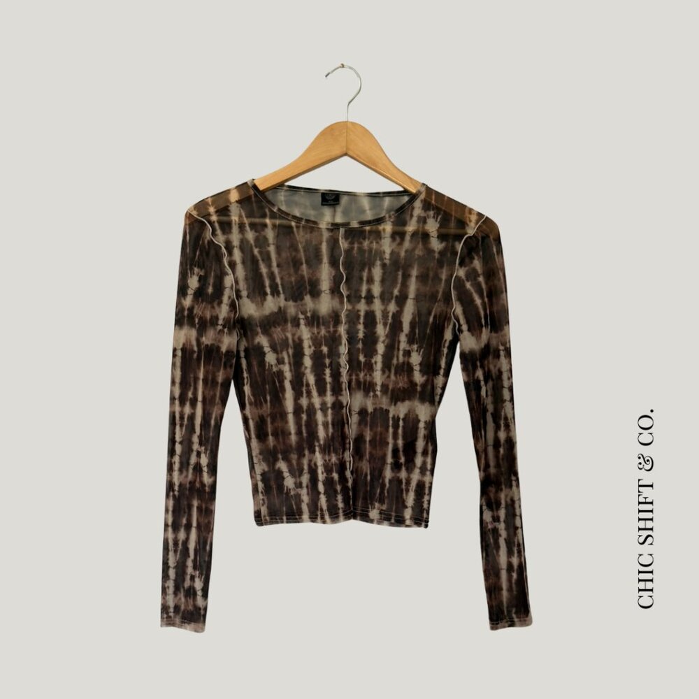 Urban Outfitters Brown Tie-Dye Mesh Lettuce Edge Top | Brown/Black | M